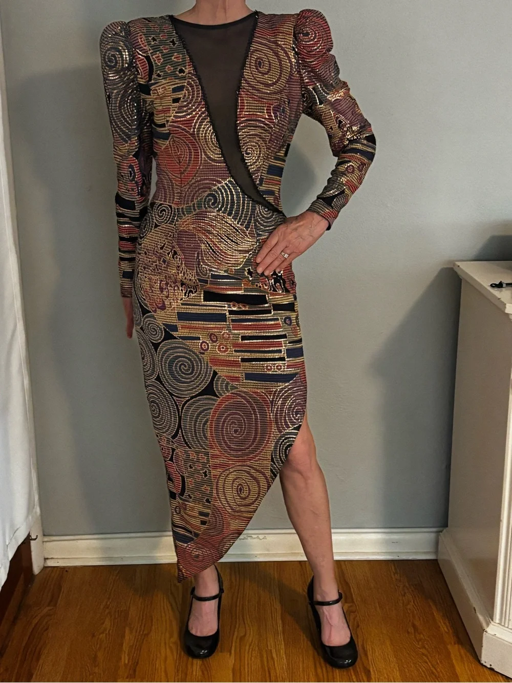 VIntage CACHE small asymmetrical GLAM goth metallic beaded midi dress 90’s Y2K - Picture 1 of 10